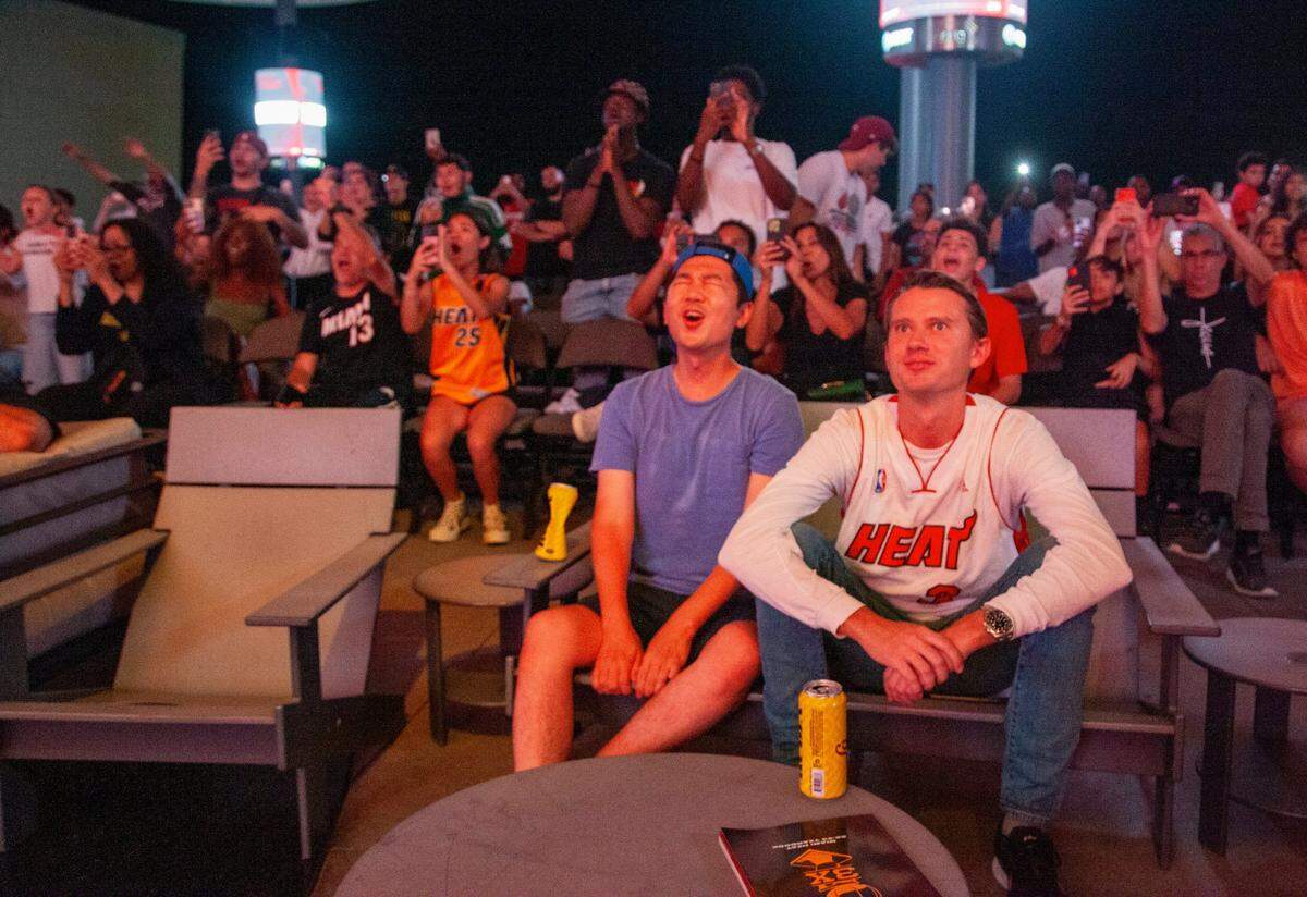 Fans react to the Heat choosing Jaime Jaquez Jr. during the 2023 Miami Heat Draft Watch Party at Kaseya Stadium on Thursday, June 22, 2023 in Miami, Florida.