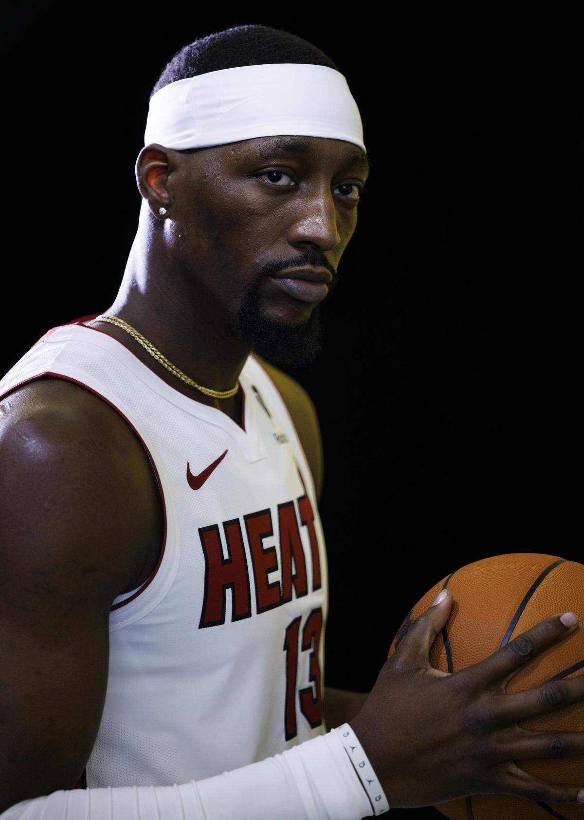 Bam Adebayo (13) poses for Miami Herald photographer Carl Juste during the Miami HEAT Media Day on Monday, Sept. 29, 2025, at the Kaseya Center in downtown Miami, Fla. 