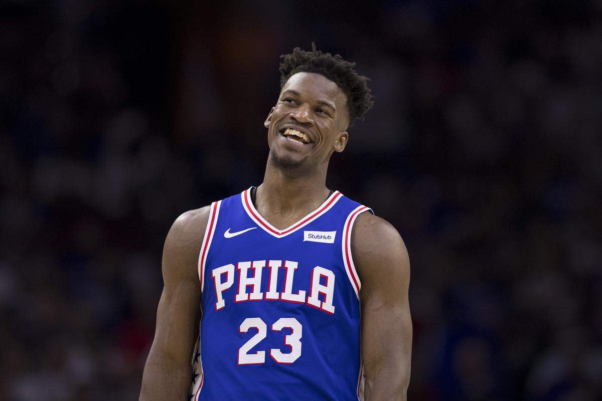 Heat swingman Jimmy Butler #23 (then playing for Philadelphia) reacts against the Brooklyn Nets in an April 23 playoff game.