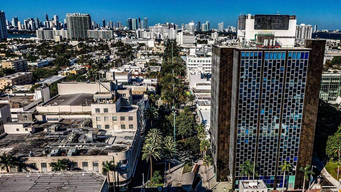 This is an aerial view of the eight-block Lincoln Road outdoor dining and shopping destination in Miami Beach.