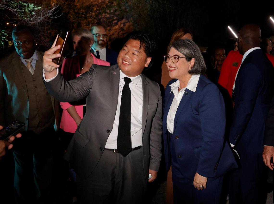 Miami-Dade County Mayor Daniella Levine Cava poses with International Trade Officer Kampanart Yomsuk after Cava delivered the 2024 State of the County address at Zoo Miami on Wednesday, Jan. 24, 2024.