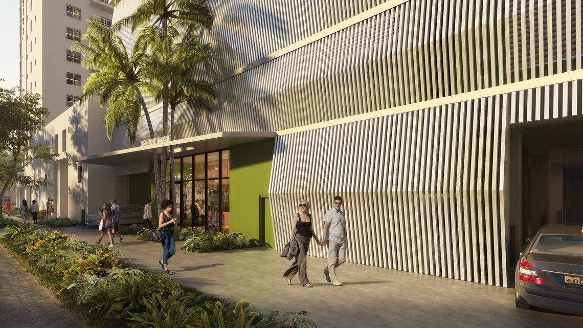 Nestled between two high-rises in Miami’s gentrified Edgewater neighborhood, Biscayne House, a planned low-income housing development designed by Fort Lauderdale architect Margi Glavovic Nothard, will feature a four-story garage screened off with a slightly bulging metallic latticework that creates edgy visual interest for people on the street.