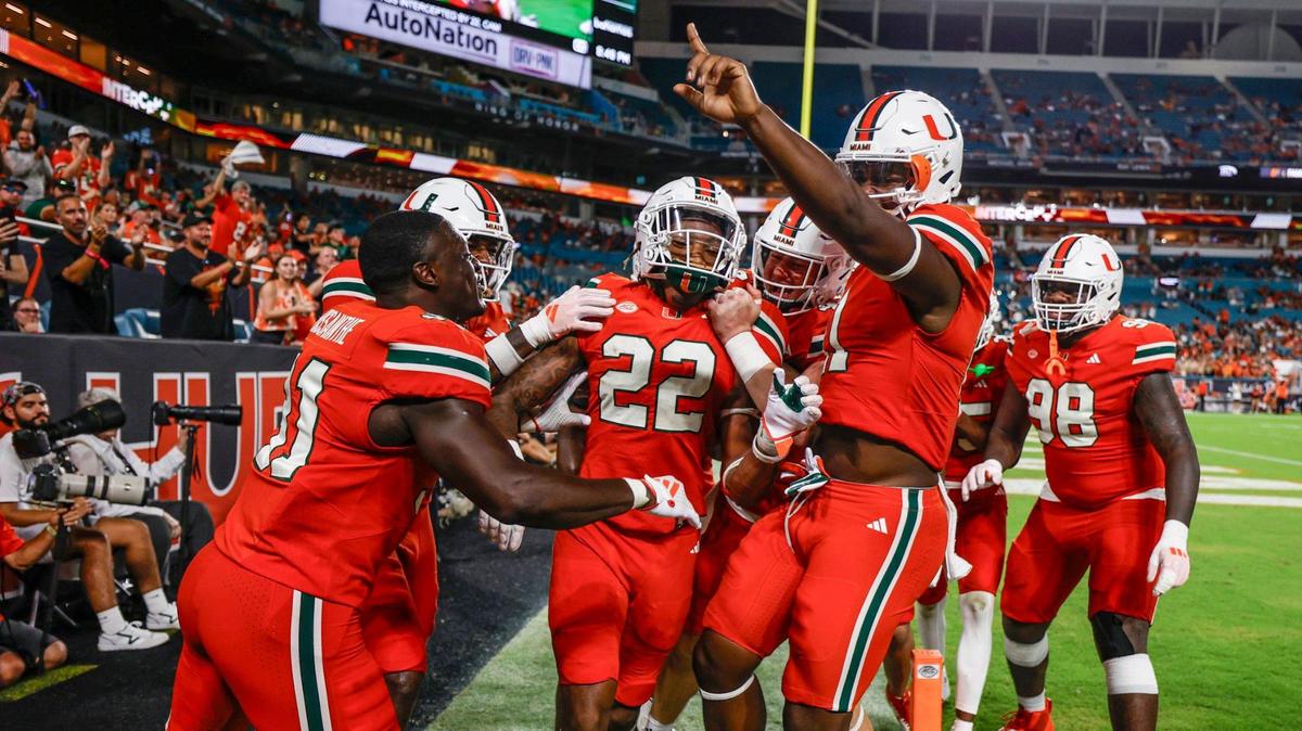 Miami Hurricanes linebacker Cam Pruitt (22) reacts after intercepting the ball during the game against the Florida A&M Rattlers in the second half at Hard Rock Stadium in Miami Gardens, Florida, on Saturday, September 7, 2024.