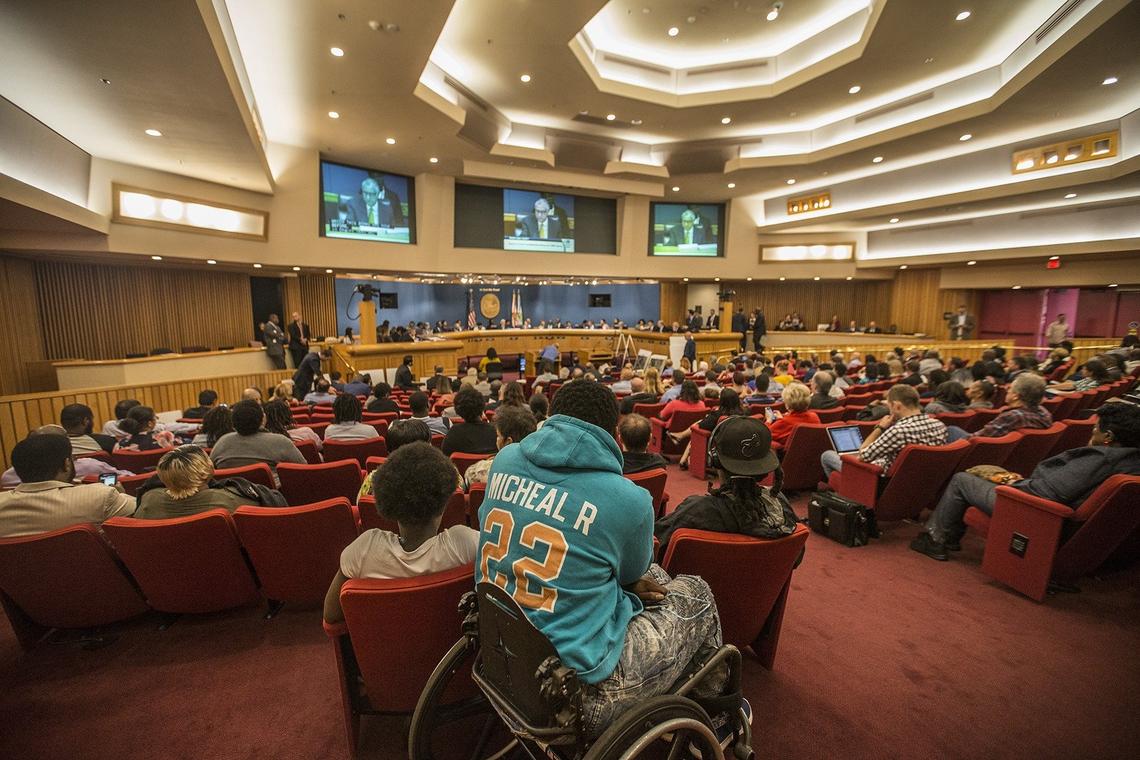 The audience settles in for a day-long meeting of the Miami-Dade commission on Thursday, Sept. 27, 2018, to decide whether to extend State Road 836 into West Kendall.