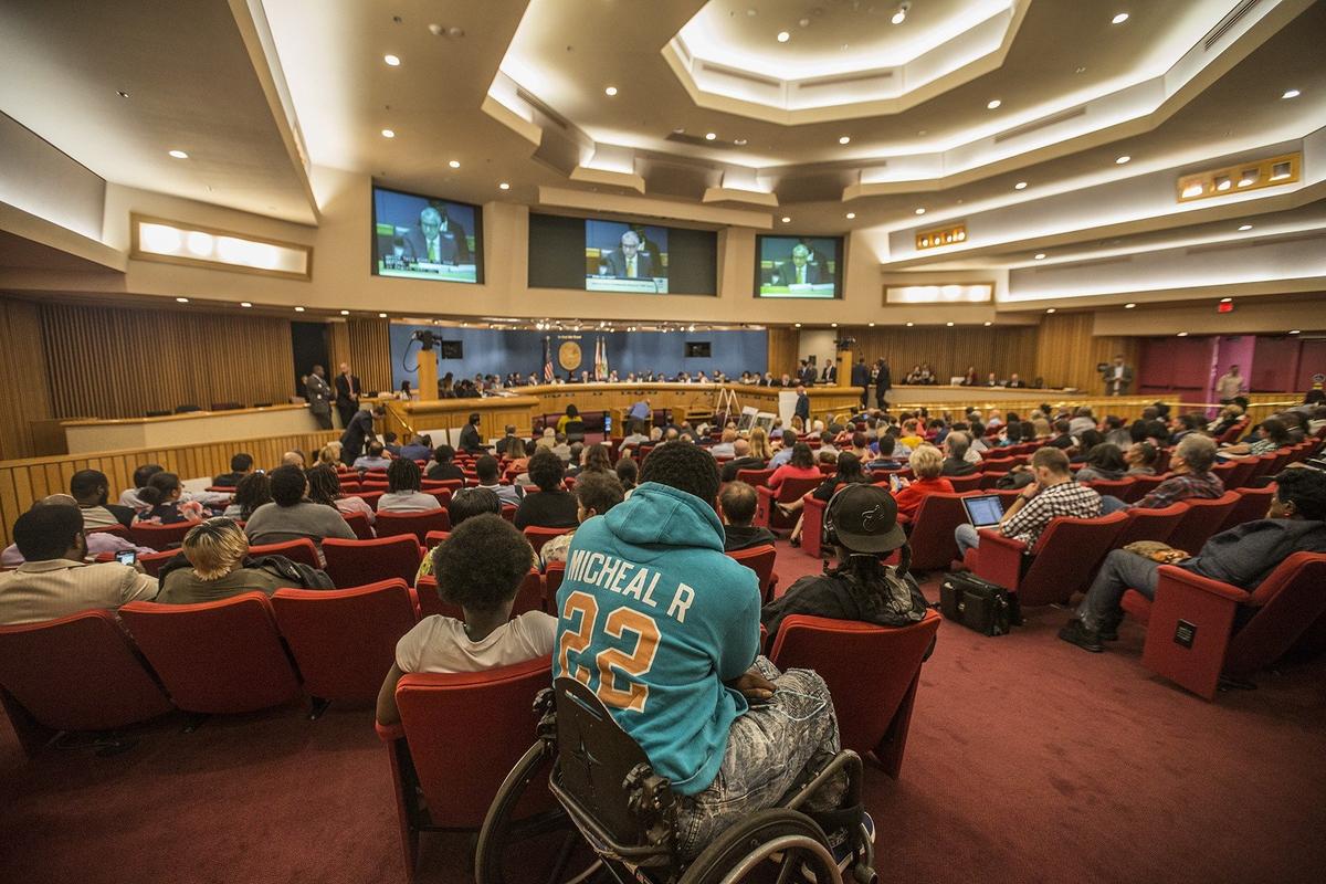 The audience settles in for a day-long meeting of the Miami-Dade commission on Thursday, Sept. 27, 2018, to decide whether to extend State Road 836 into West Kendall.
