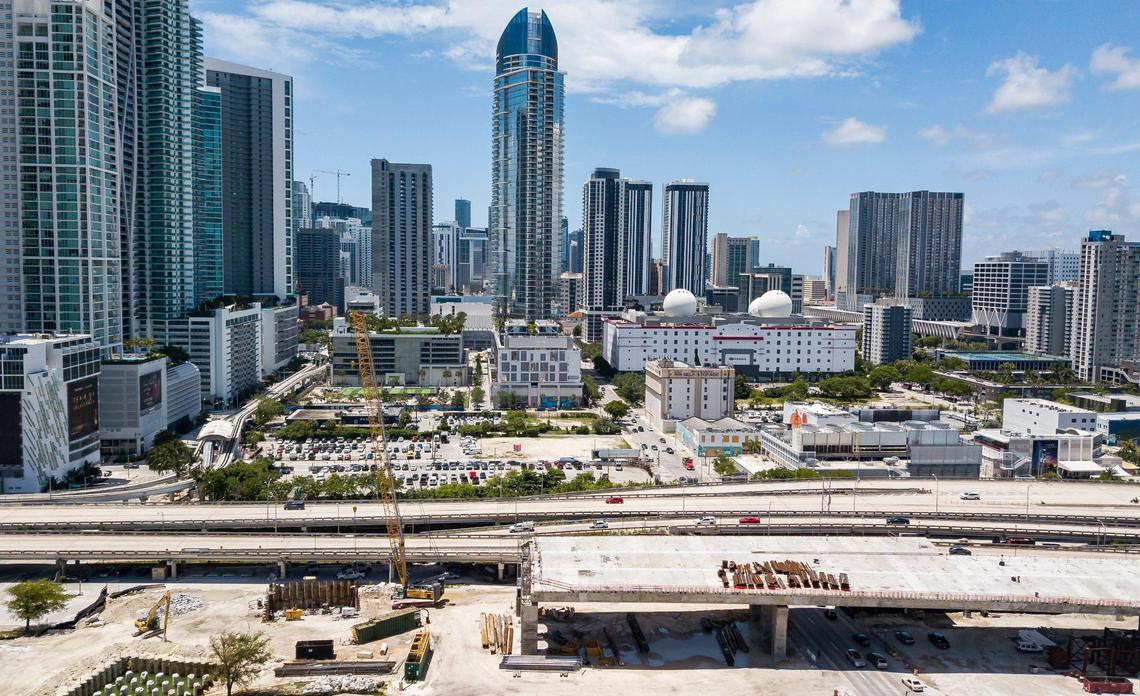 Aerial view of the I-395 construction project taking place near downtown Miami and Overtown on Tuesday, June 8, 2021.