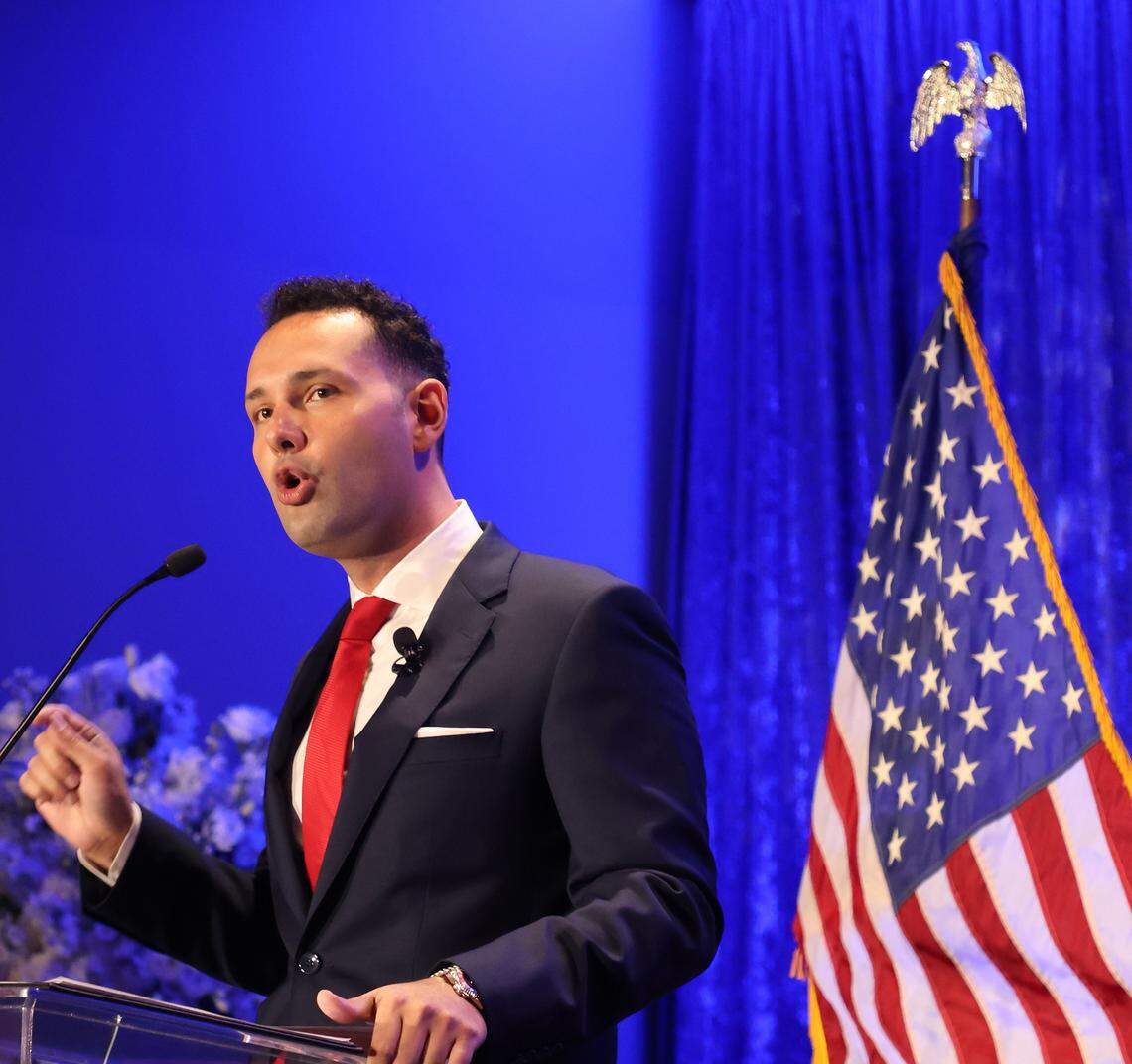 Bryan Calvo, 28, gives his remarks after being sworn-in by Judge Carmen Cabarga at the Milander Center on Monday, January 12, 2026, in Hialeah, Florida