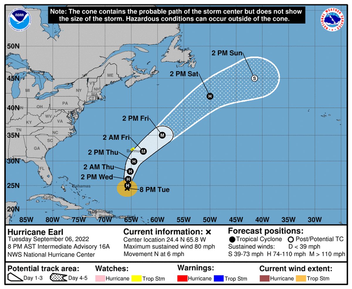 Hurricane Earl’s wind speeds are expected to peak at 125 mph on Friday, making it a strong Category 3 hurricane, according to the National Hurricane Center.