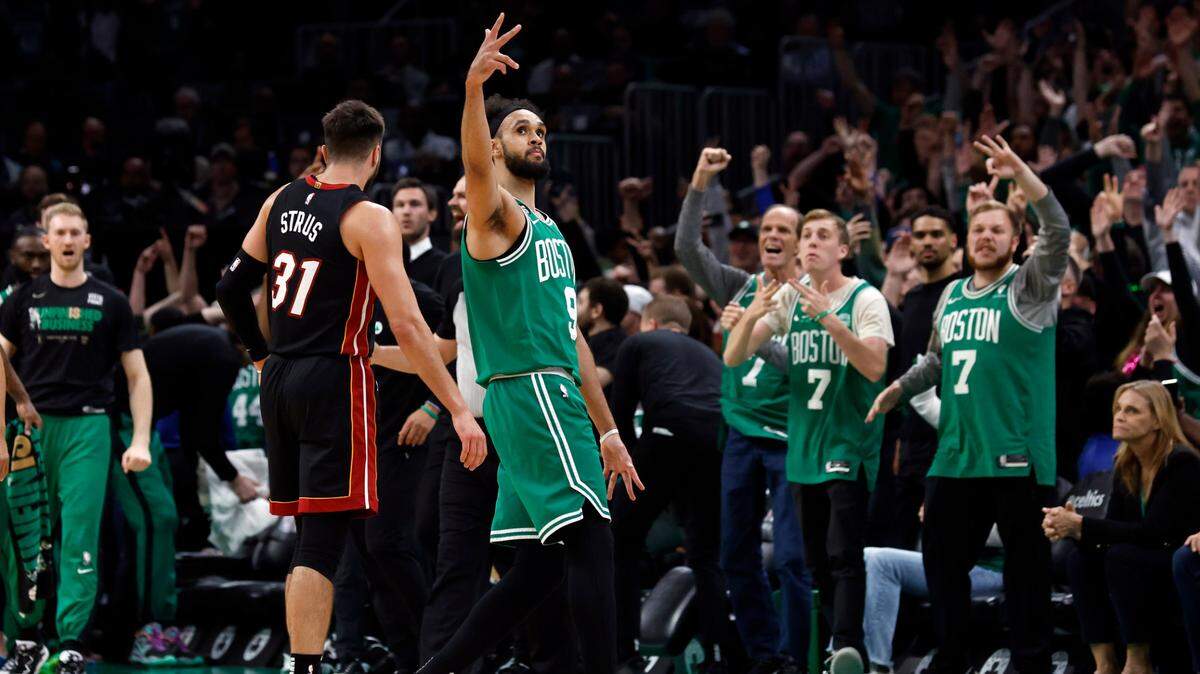 Boston Celtics guard Derrick White (9) reacts during the second quarter of game five against the Miami Heat in the Eastern Conference Finals for the 2023 NBA playoffs at TD Garden.