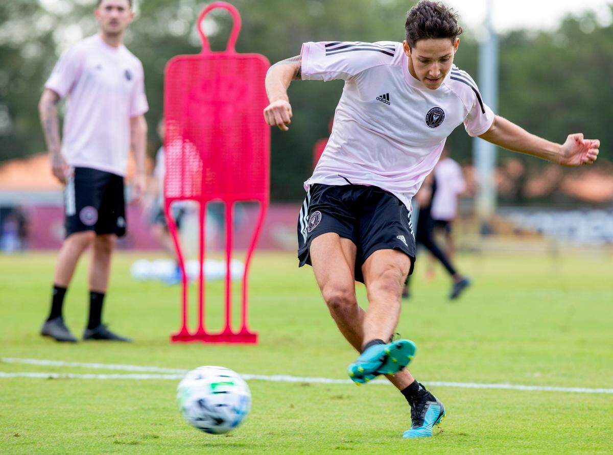 Inter Miami midfielder David Norman Jr. strikes the ball during practice drills as the team kicks-off the inaugural preseason with the first day of training sessions on Buccaneer Field at Barry University in Miami, Florida, on Monday, January 20, 2020.