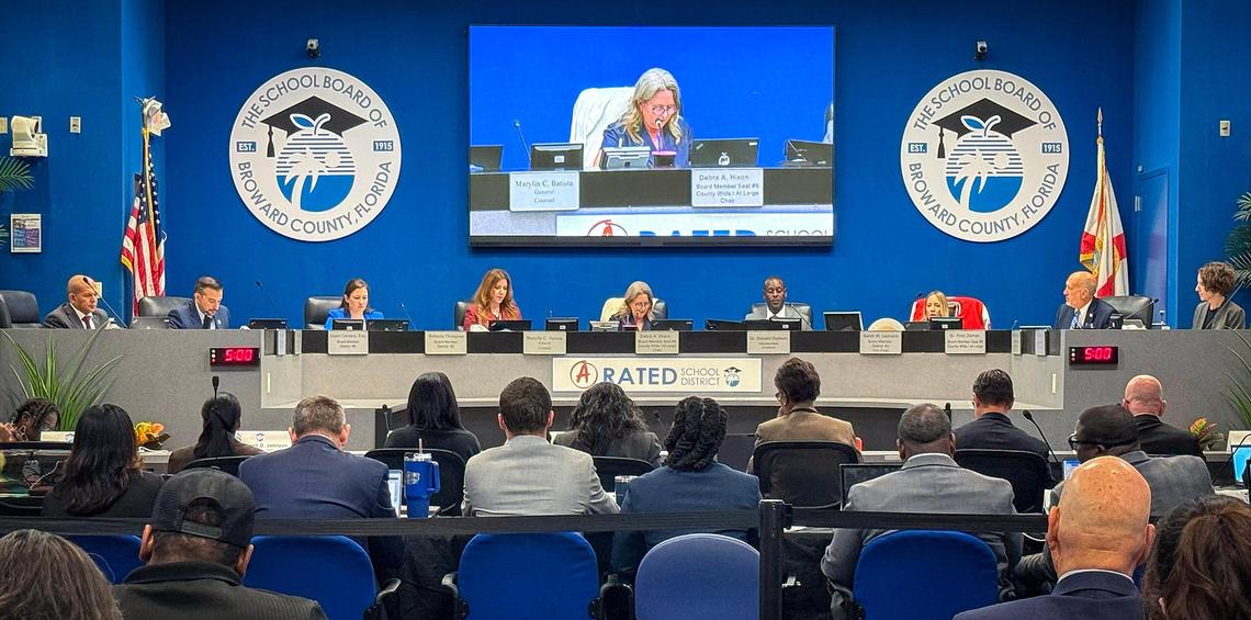 Broward County School Board holds its meeting with new board members on Tuesday, May 13, 2025, inside the Kathleen C. Wright Building in Fort Lauderdale, Florida.