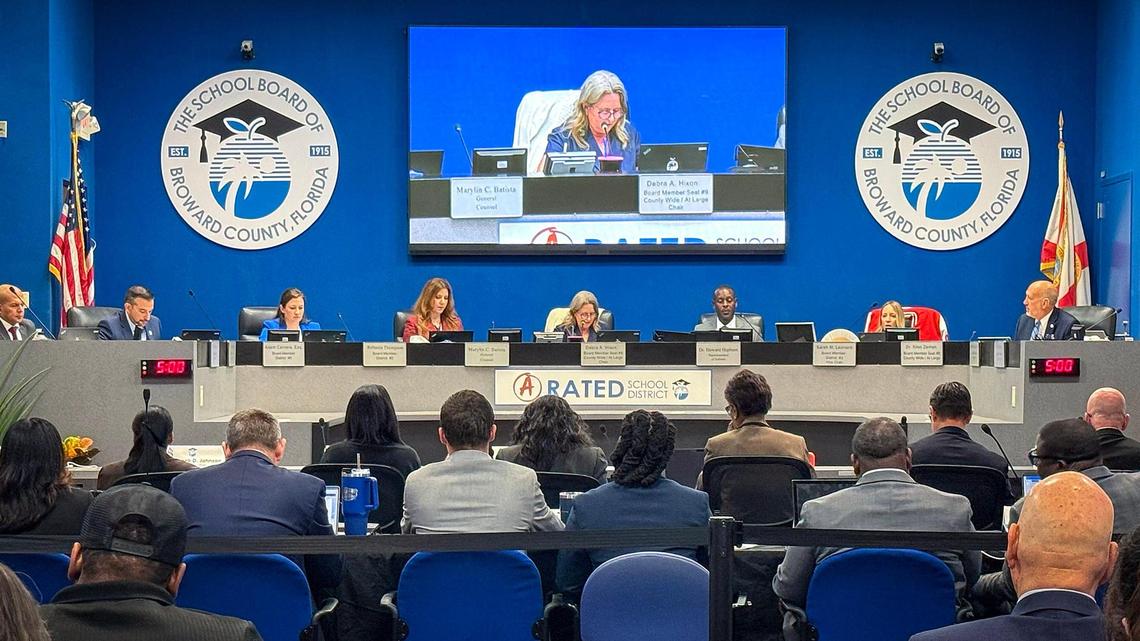 Broward County School Board holds its meeting with new board members on Tuesday, May 13, 2025, inside the Kathleen C. Wright Building in Fort Lauderdale, Florida.