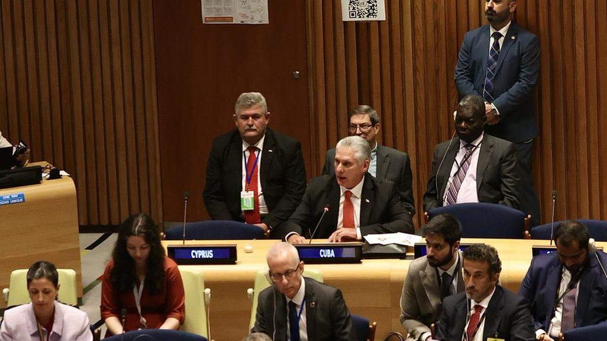 Cuban leader Miguel Díaz-Canel speaks at the Financing for Development political dialogue at the United Nations in New York on Wednesday 20, 2023.