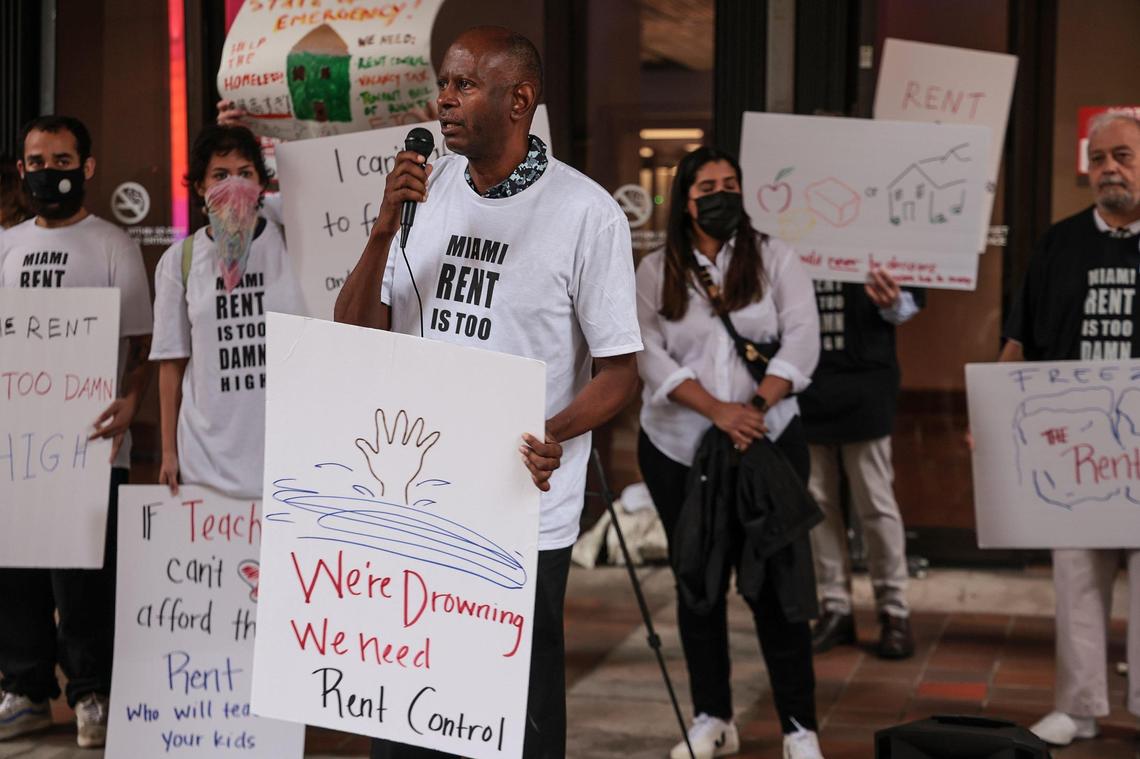 David Peery, 64, founder and executive director of Miami Coalition to Advance Racial Equity, leads the rally against high rent by requesting testimonials from attendees to bring awareness to South Florida’s housing crisis. The fair housing advocates from Miami Coalition to Advance Racial Equity, Struggle for Miami’s Affordable and Sustainable Housing (SMASH), and others rally in protest of high rents and for affordable housing ahead of the county commission meeting at County Hall in Miami on Tuesday, March 15, 2022.