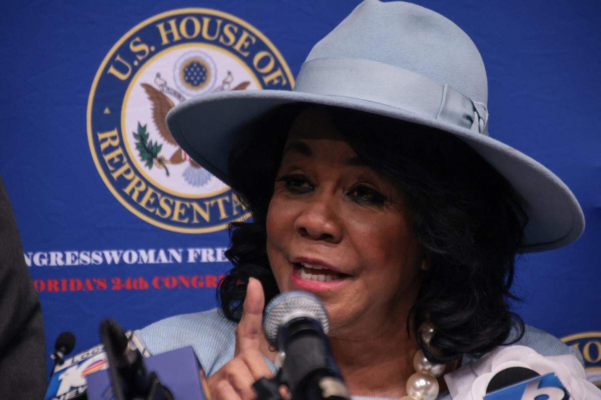 Congresswoman Frederica S. Wilson leads a press conference with elected officials and community activists at the Little Haiti Cultural Complex’s theater in Miami, Florida. 
