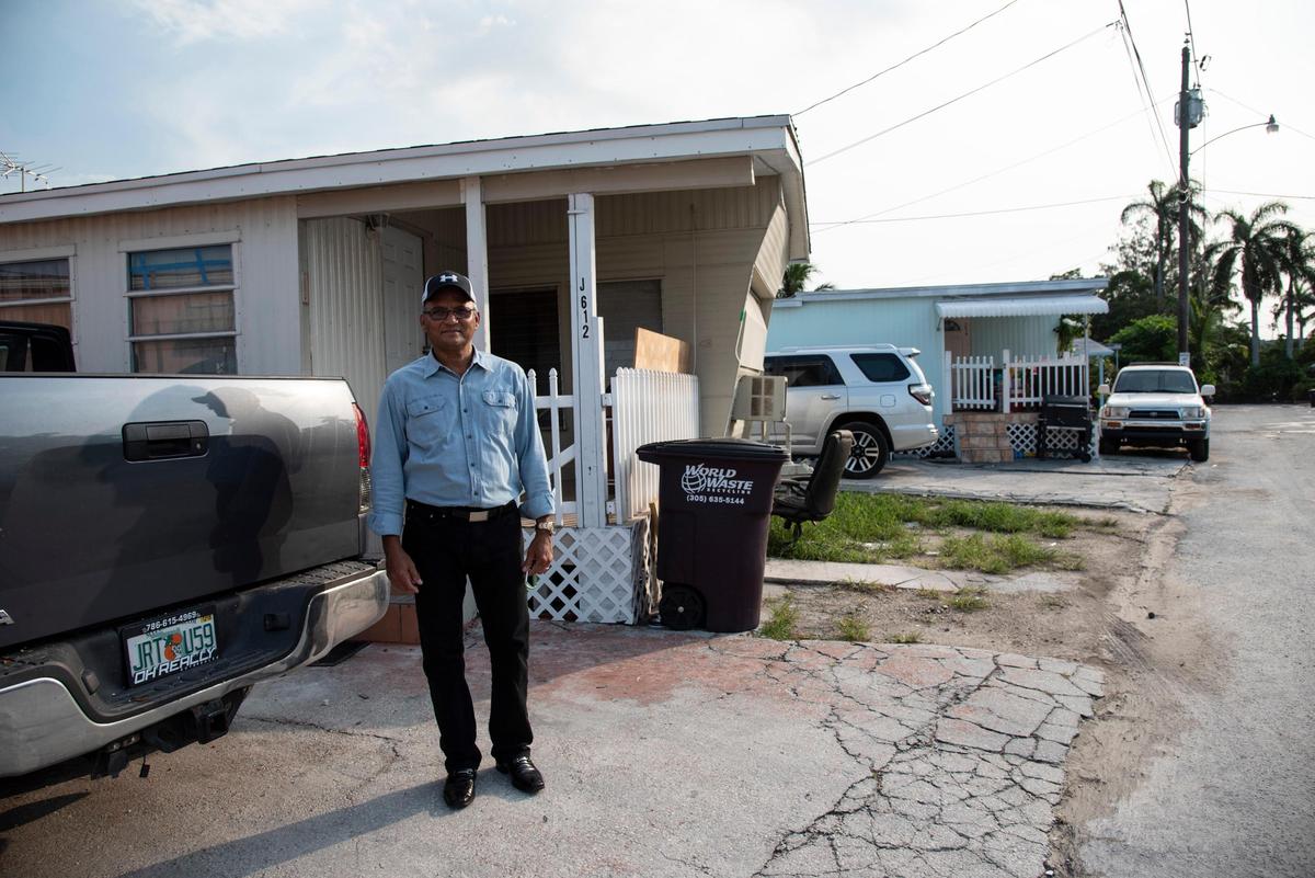 Luis Vindel, the president of the Trinidad Court homeowner’s association and a resident of the mobile home park recently renamed Miami Soar, outside of his home on June 24, 2019. Vindel has lived in the park for 23 years.