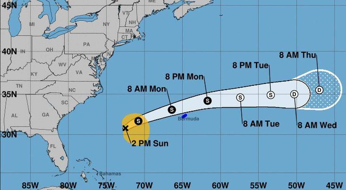 The projected path of Tropical Storm Alex as of 2 p.m. Sunday.