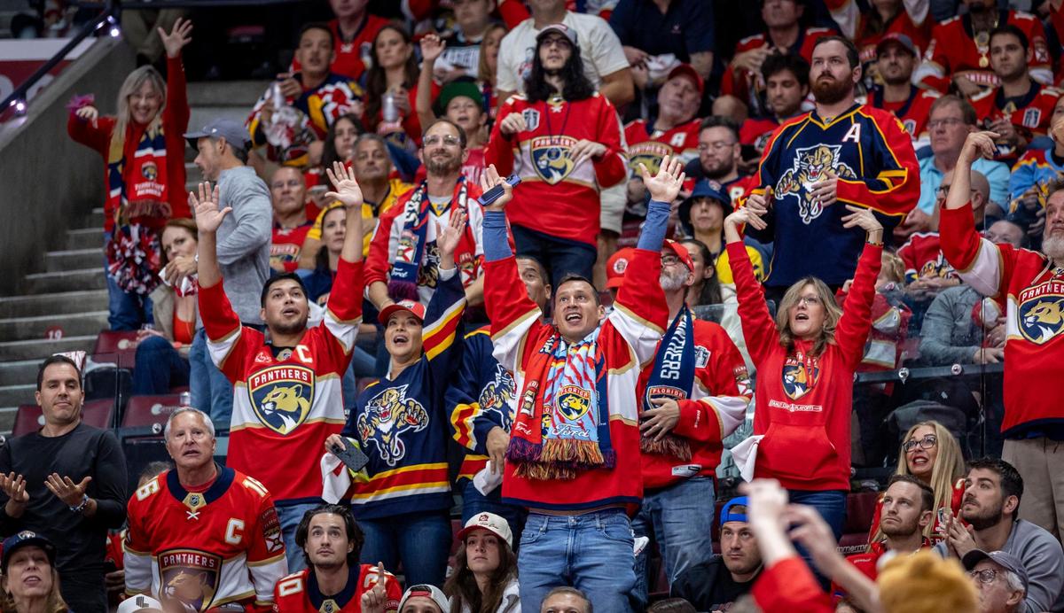 Florida fans cheer their team during the first period of Game 3 in the NHL Stanley Cup Final series at Amerant Bank Arena on Monday, June 9, 2025, in Sunrise, Fla.