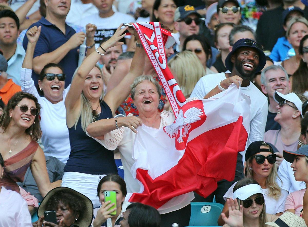 Fans react as Iga Swiatek plays Naomi Osaka during the Miami Open Women’s Final at Hard Rock Stadium in Miami Gardens, Florida on Saturday, April 2, 2022.