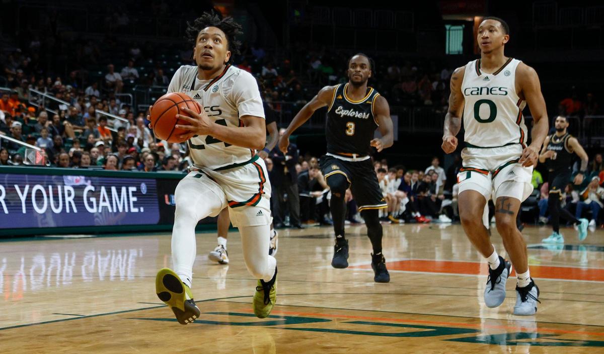 Miami Hurricanes guard Nijel Pack (24) on a fast break against La Salle Explorers during the second half of an NCAA basketball game at the Watsco Center in Coral Gables, Florida on Saturday, December 16, 2023.