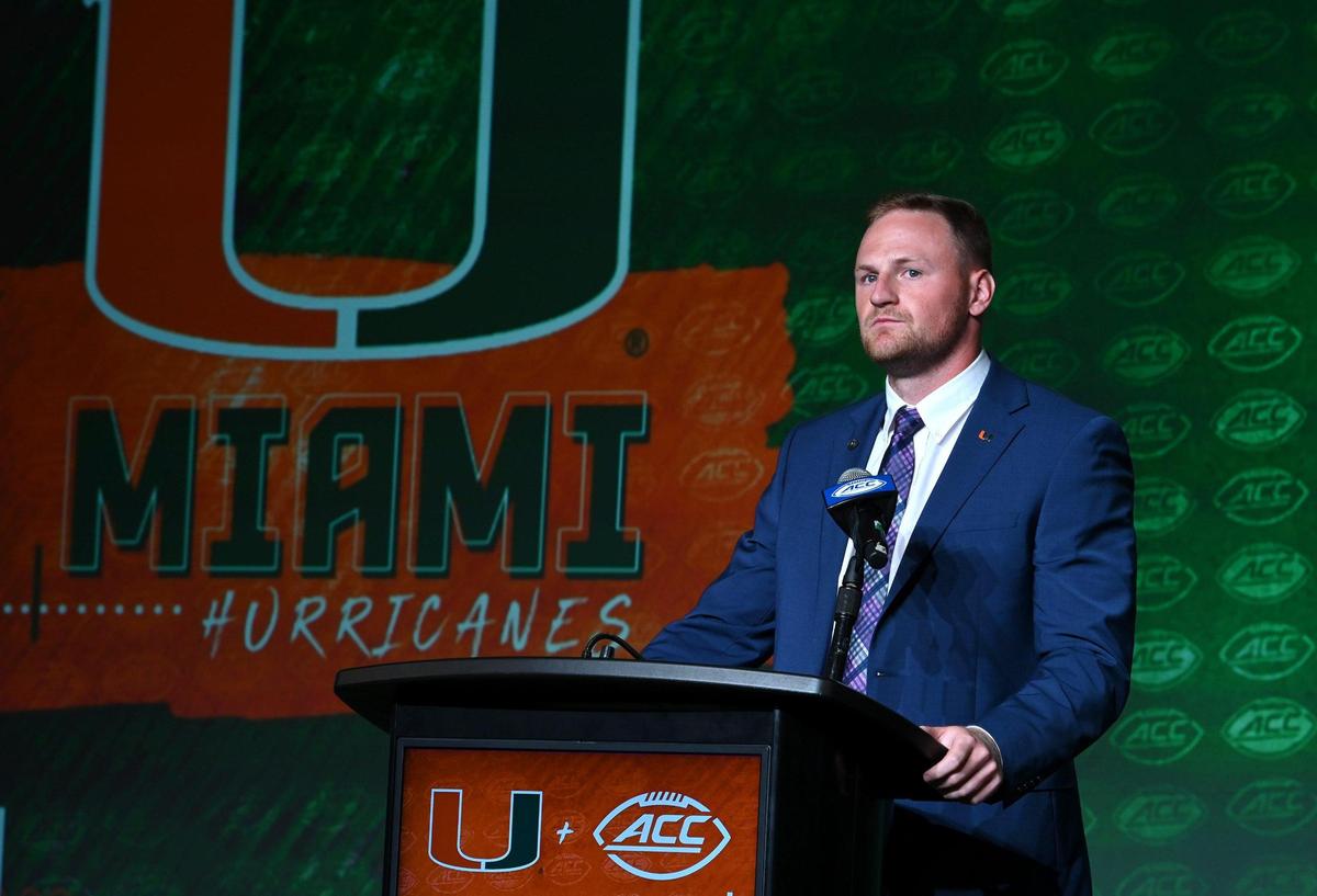 Miami Hurricanes quarterback Tyler Van Dyke listens to a reporter’s question during the first day of the 2023 ACC Football Kickoff event in Charlotte, NC on Tuesday, July 25, 2023.