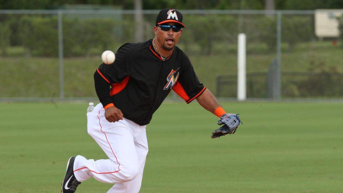 Miami Marlins infielder Rafael Furcal works in the field during practice at spring training in 2014 at Roger Dean Stadium in Jupiter, Florida.