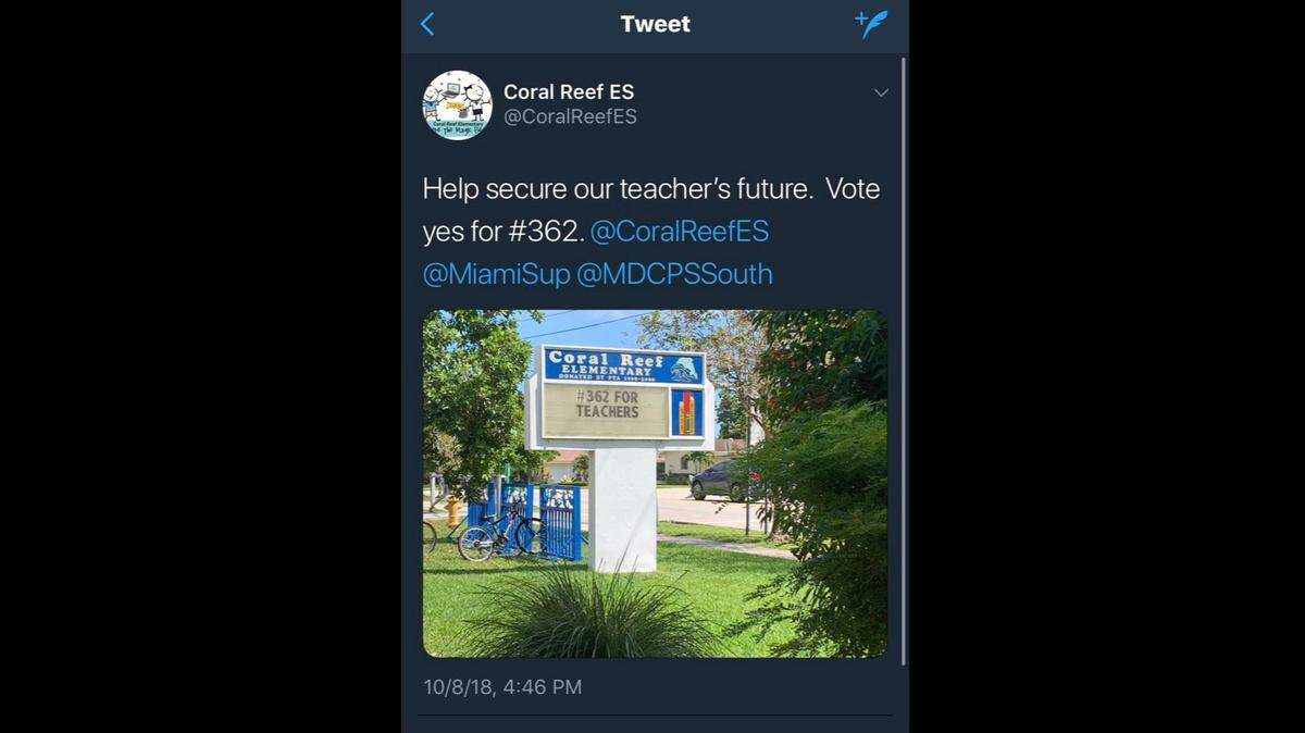 Many schools in the Miami-Dade County Public School system changed their outdoor marquees before the vote to read “#362 for teachers,” referring to the punch number in favor of a property tax referendum benefiting teacher pay and school safety.