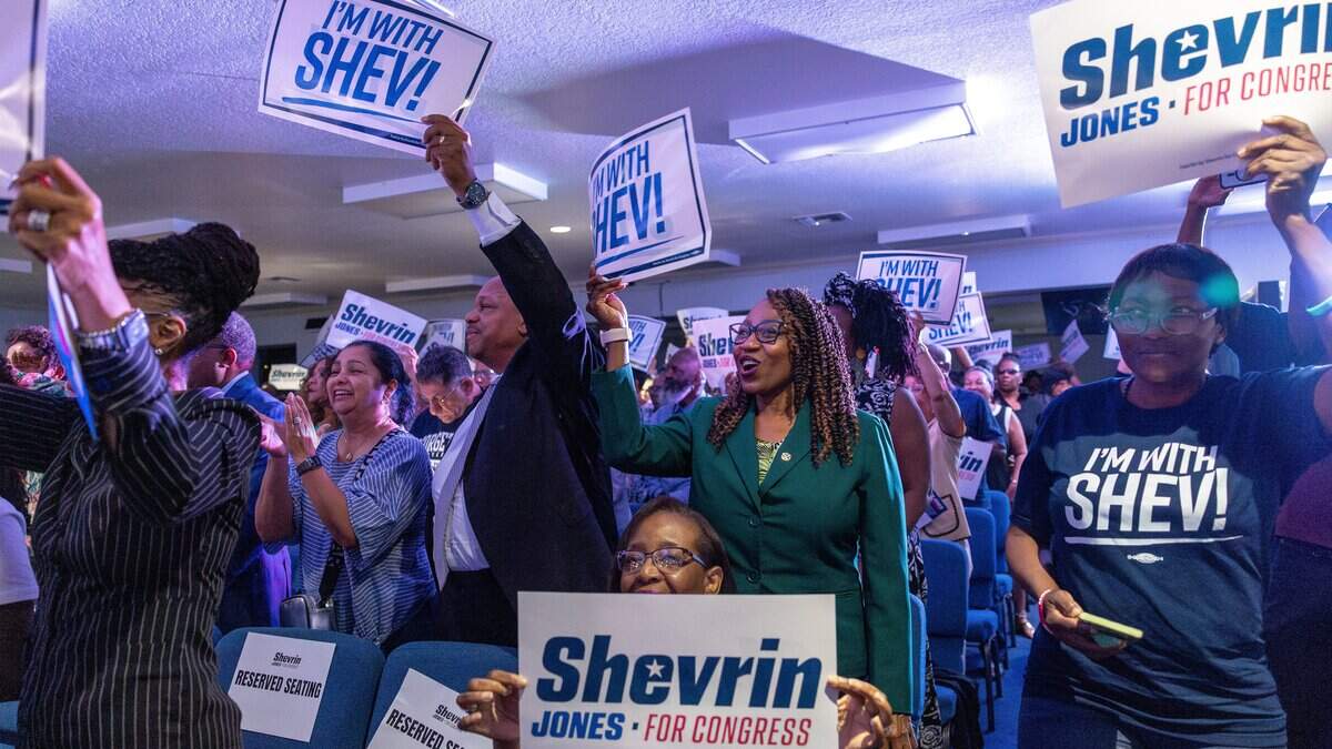 Supporters cheer during state Sen. Shevrin Jones' announcement of his candidacy for Congress at Koinonia Worship Center in Pembroke Park, Fla., on Tuesday, June 9, 2026.