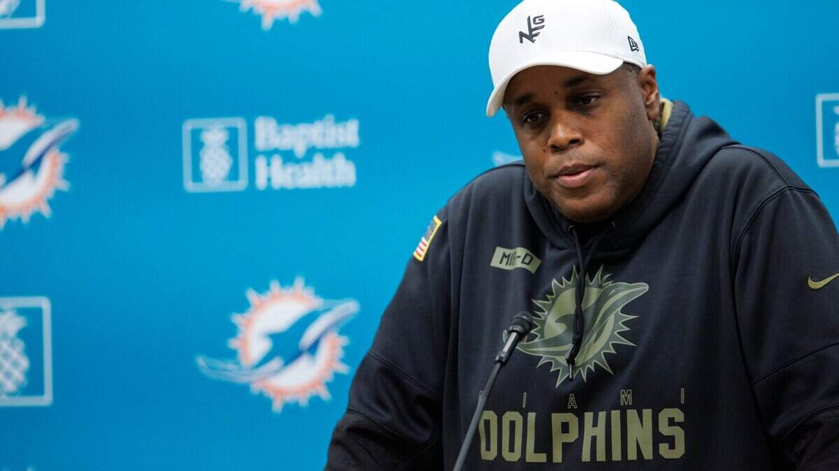 Miami Dolphins general manager Chris Grier speaks during press conference at Baptist Health Training Complex in Hard Rock Stadium on Wednesday, April 20, 2022 in Miami Gardens, Florida.