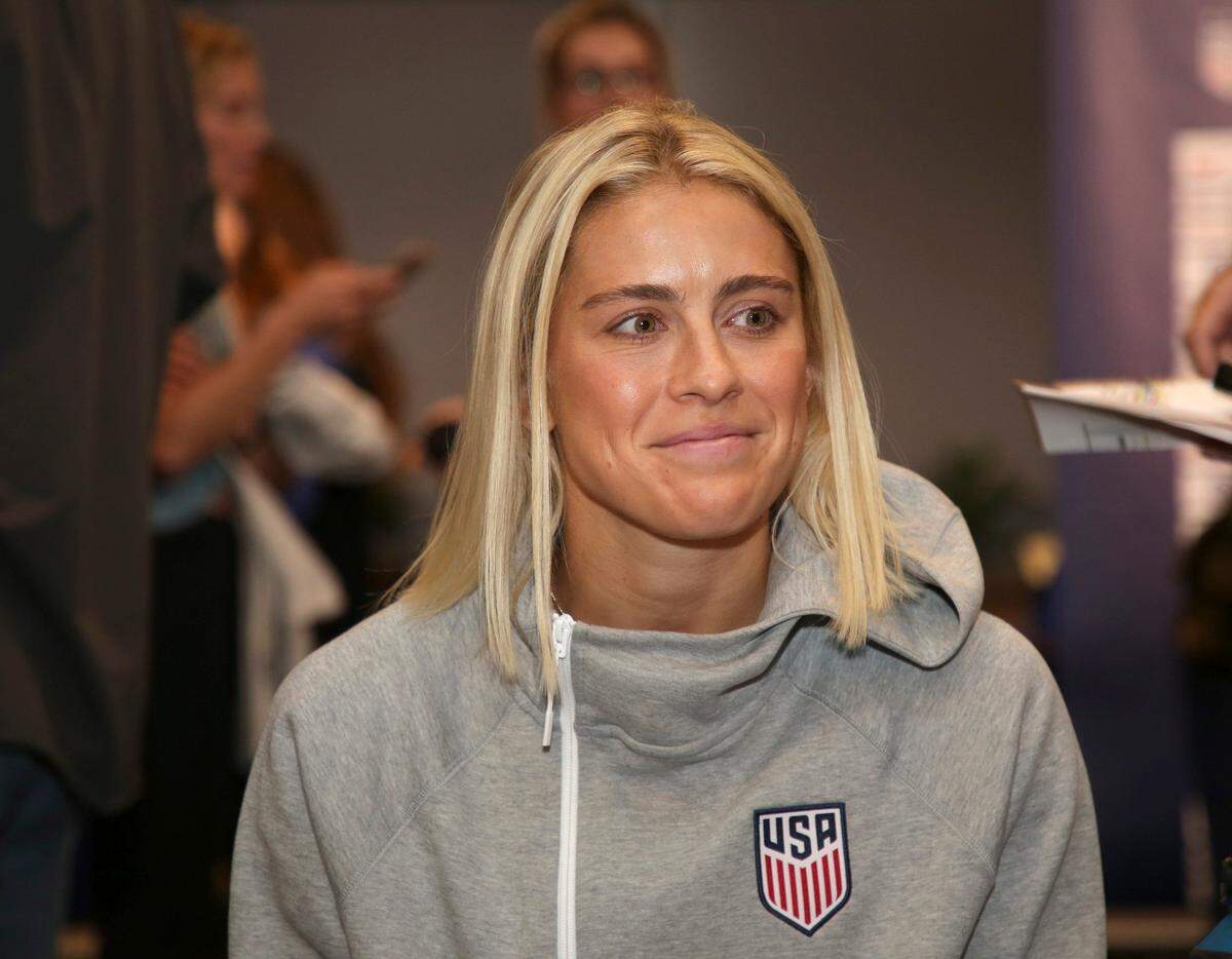 Abby Dahlkemper, a member of the United States women’s national soccer team, speaks to reporters during a media day in New York, Friday, May 24, 2019.