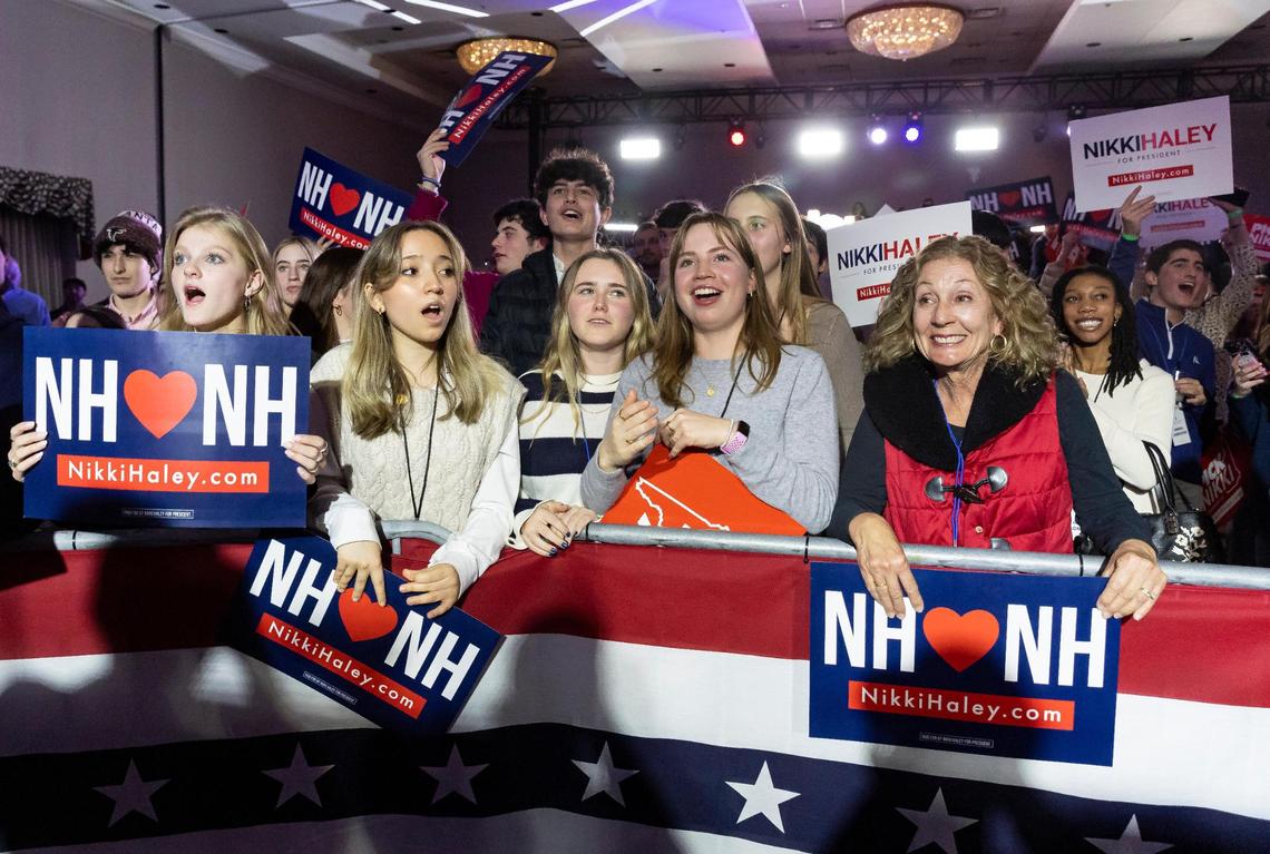 Supporters of former United Nations Ambassador Nikki Haley watch as results are announced during a primary night watch party at the Grappone Conference Center on Tuesday, Jan. 24, 2024, in Concord, New Hampshire. Haley placed second against former President Donald Trump in the state’s Republican presidential primary.