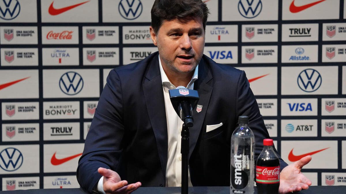 Sep 13, 2024; New York, New York, USA; United States men’s national team head coach Mauricio Pochettino talks to the media during a press conference introducing him as the new head coach for the United States men’s national team at Warner Bros. Discovery Hudson Center. Mandatory Credit: Lucas Boland-Imagn Images