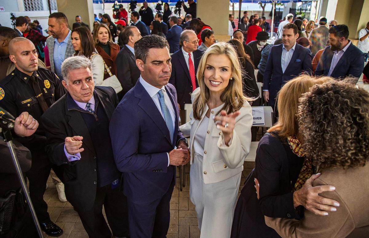 City of Miami Mayor Francis X. Suarez and his wife, Gloria Fonts Suarez, react after the mayor’s 2024 State of the City address, where he recapped the city’s accomplishments in 2023 and shared his vision for this year.