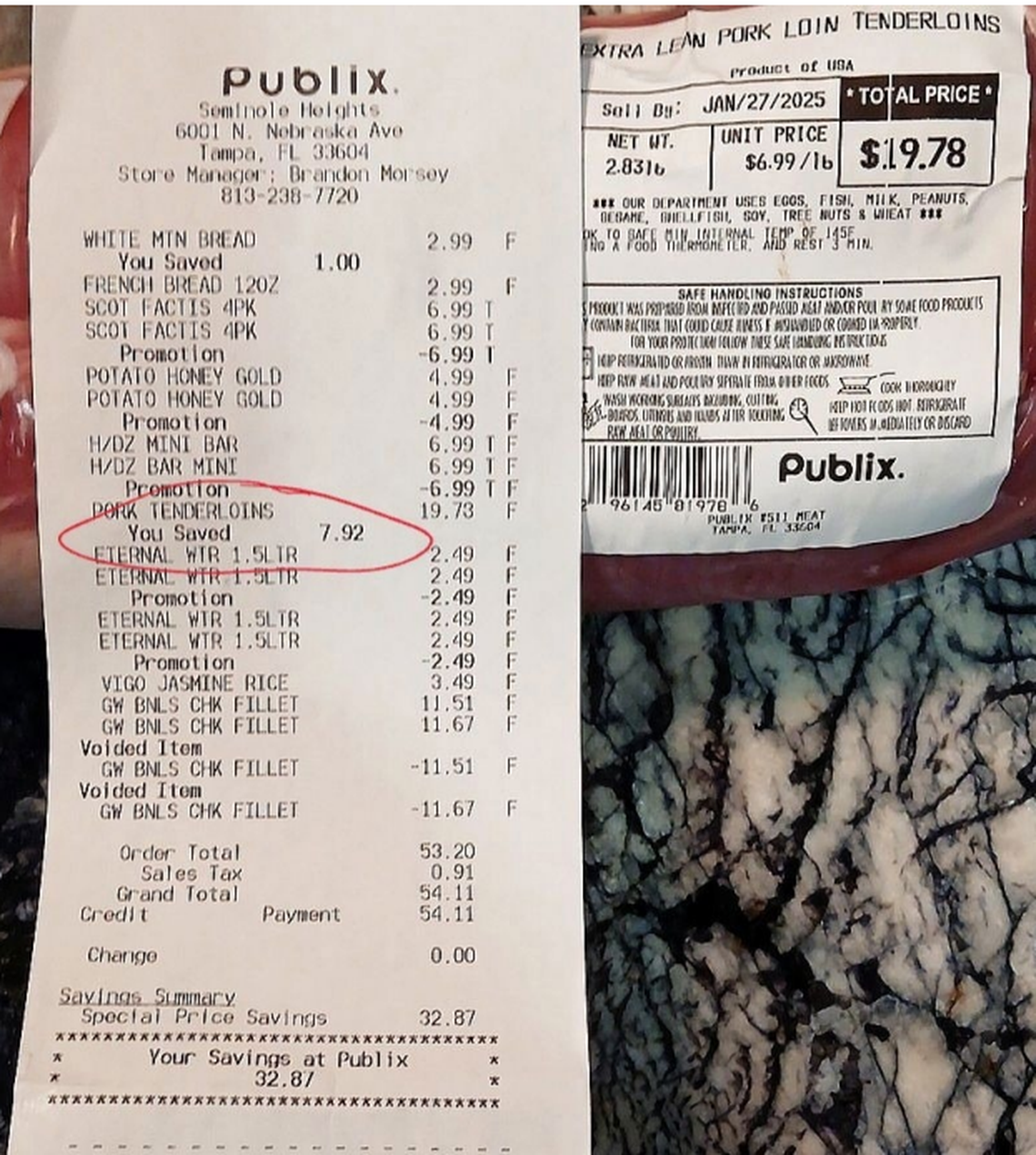 The receipt that Wendy Koutouzis’ lawsuit says shows she wasn’t charged the sale price for the pork loin tenderloin, though the receipt claims $7.92 of savings.