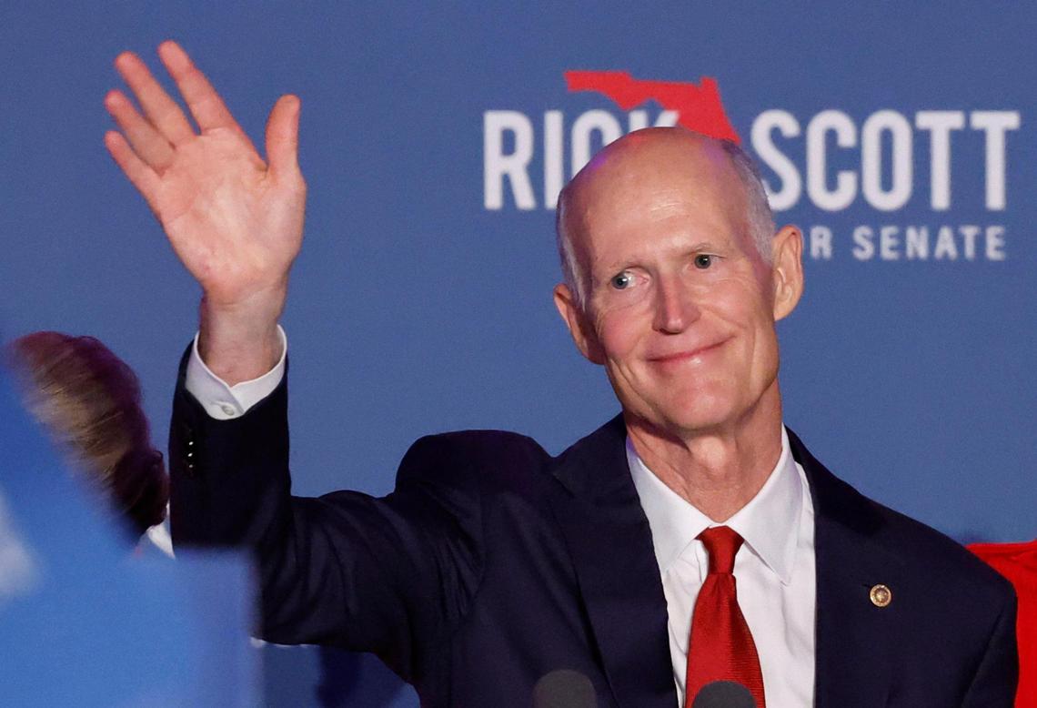 United States Senator Rick Scott celebrates his win with family and supporters during an election night party at the Hyatt Regency Coconut Point Resort in Bonita Springs, Florida on Tuesday, November 5, 2024.