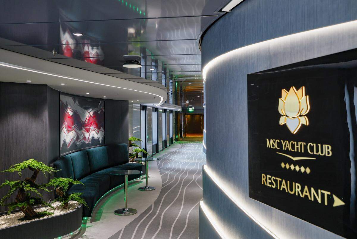 A view of the hallway leading to the new MSC Yacht Club Restaurant on MSC Poesia at PortMiami in Miami, Florida, on Wednesday, April 22, 2026. Built in 2008, it underwent refurbishment this year. This winter, it will be based at PortMiami heading on trips to the Caribbean.