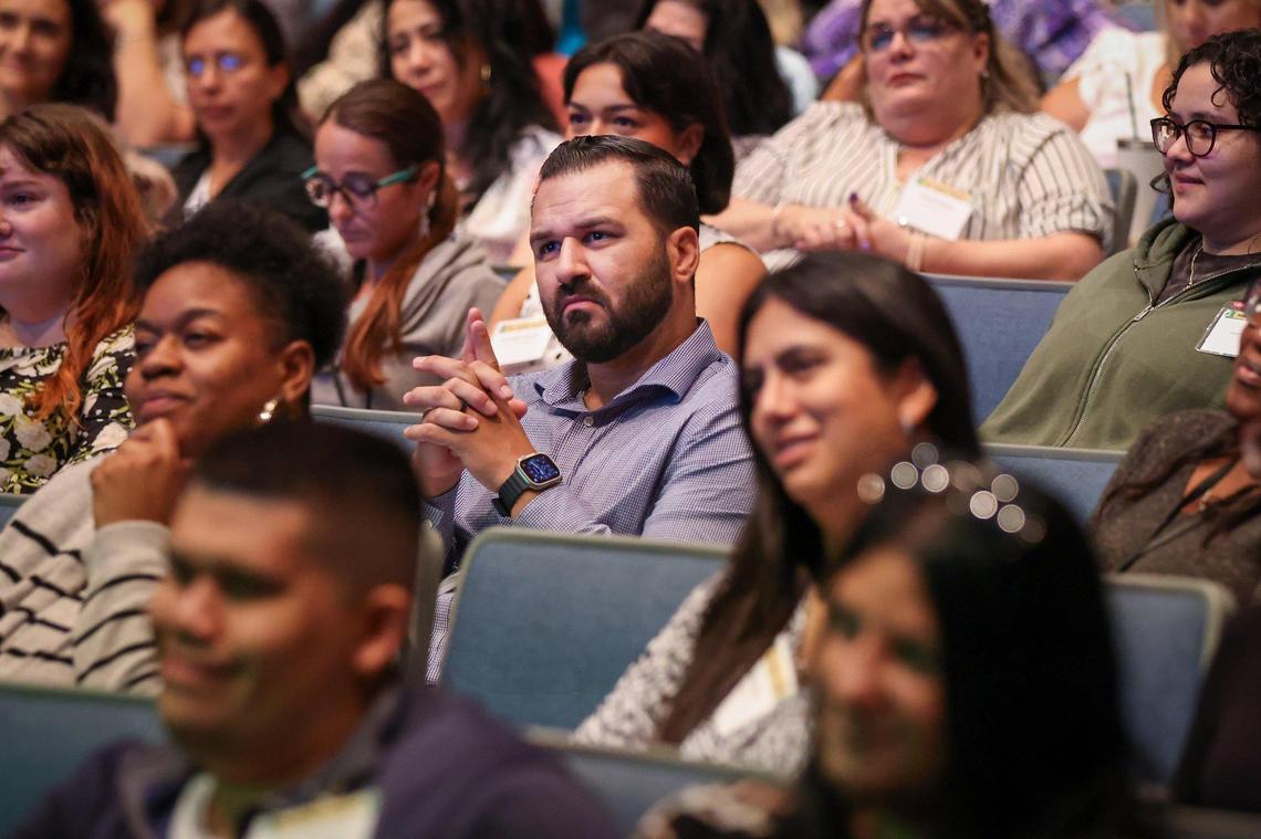 New Miami-Dade County public school teachers listen as Superintendent Jose Dotres welcomes them at the new teacher orientation at Hialeah Gardens Senior High on Monday, Aug. 7, 2023.