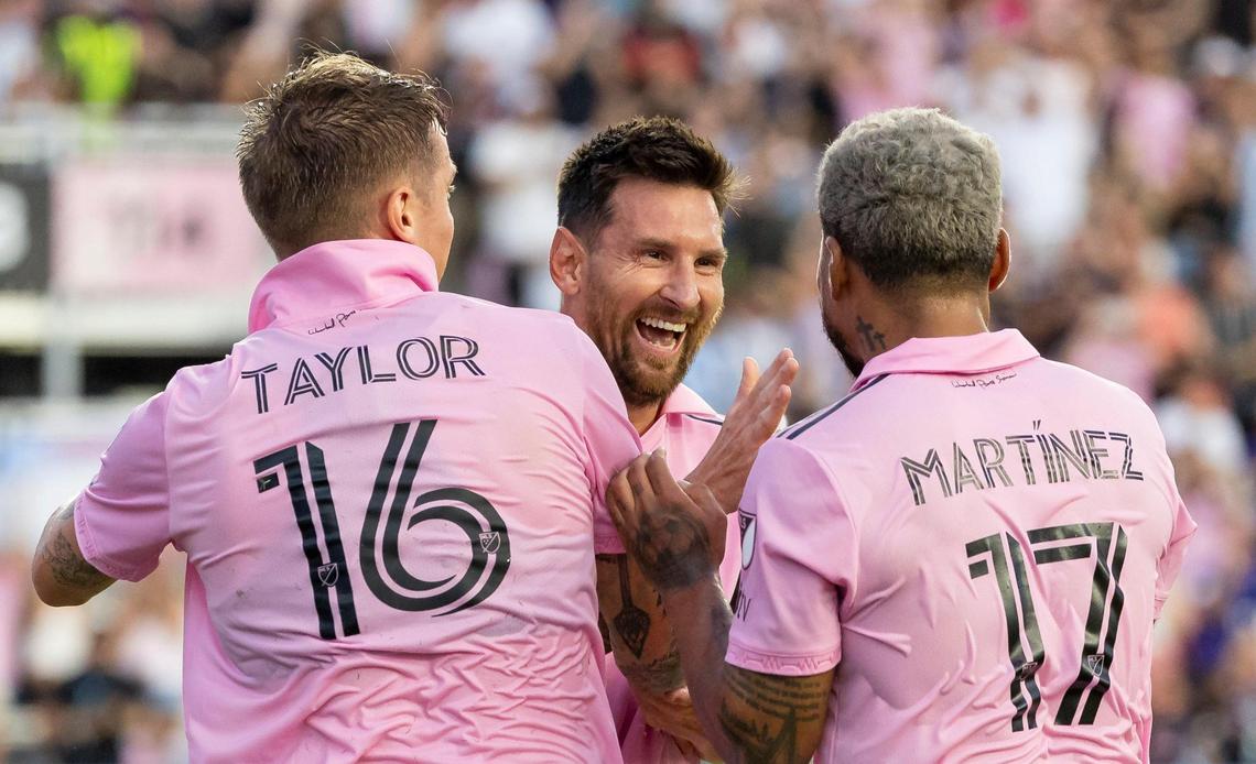 Inter Miami forward Lionel Messi (10) celebrates with Robert Taylor (16) and Josef Martínez (17) after scoring a second goal against Atlanta United in the first half of their Leagues Cup group stage match at DRV PNK Stadium on Tuesday, July 25, 2023, in Fort Lauderdale, Fla.