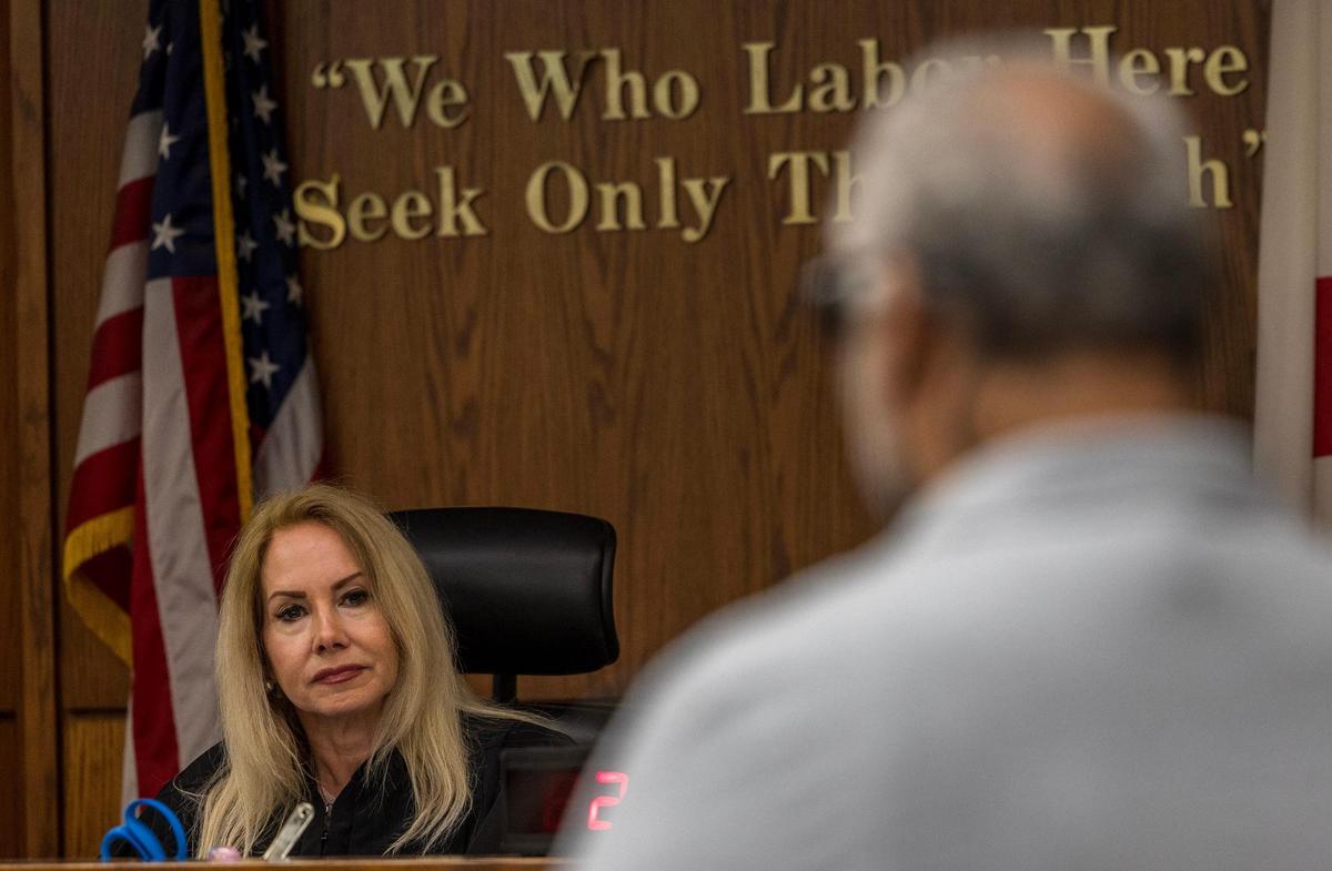 Judge Cristina Miranda listens as Robert Gordon, the grandfather of the victim, speaks during Gina Emmanuel’s sentencing hearing in the murder and child abuse of her 7-year-old adopted daughter, Samayah Gordon, Wednesday, April 30, 2025.