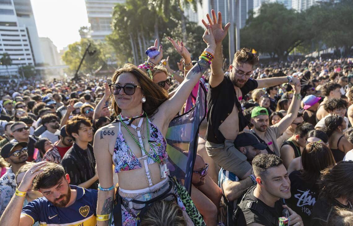 People dance and cheer as Alan Walker performs during Ultra Music Festival’s 26th anniversary at Bayfront Park on Saturday, March 28, 2026, in downtown Miami, Fla.