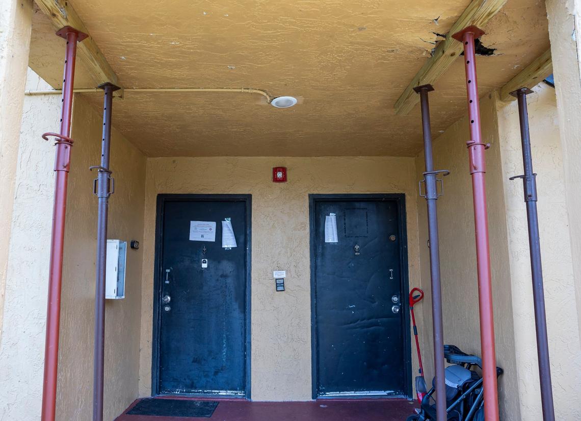 Structural damage can be seen on a condominium building in the Heron Pond complex on Wednesday, Aug. 7, 2024, in Pembroke Pines, Florida. City officials have alerted residents that they must vacate their homes by Aug. 29 after engineers deemed all 304 units spread across 19 buildings in the community unsafe for occupancy.