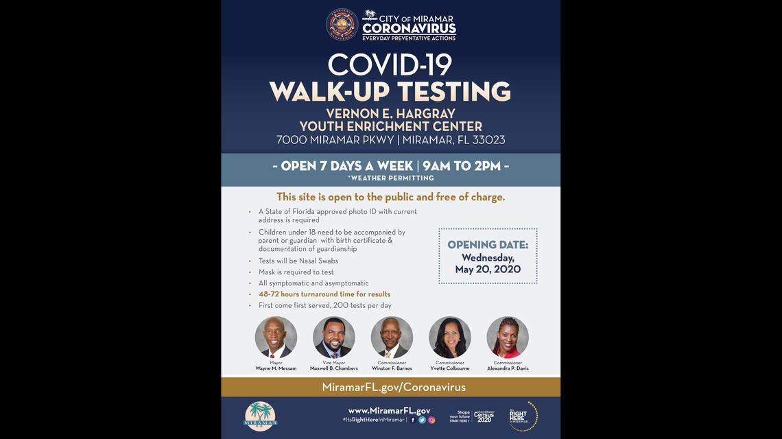Miramar, Florida in Broward County opened a free, daily COVID-19 testing site on May 20, 2020.