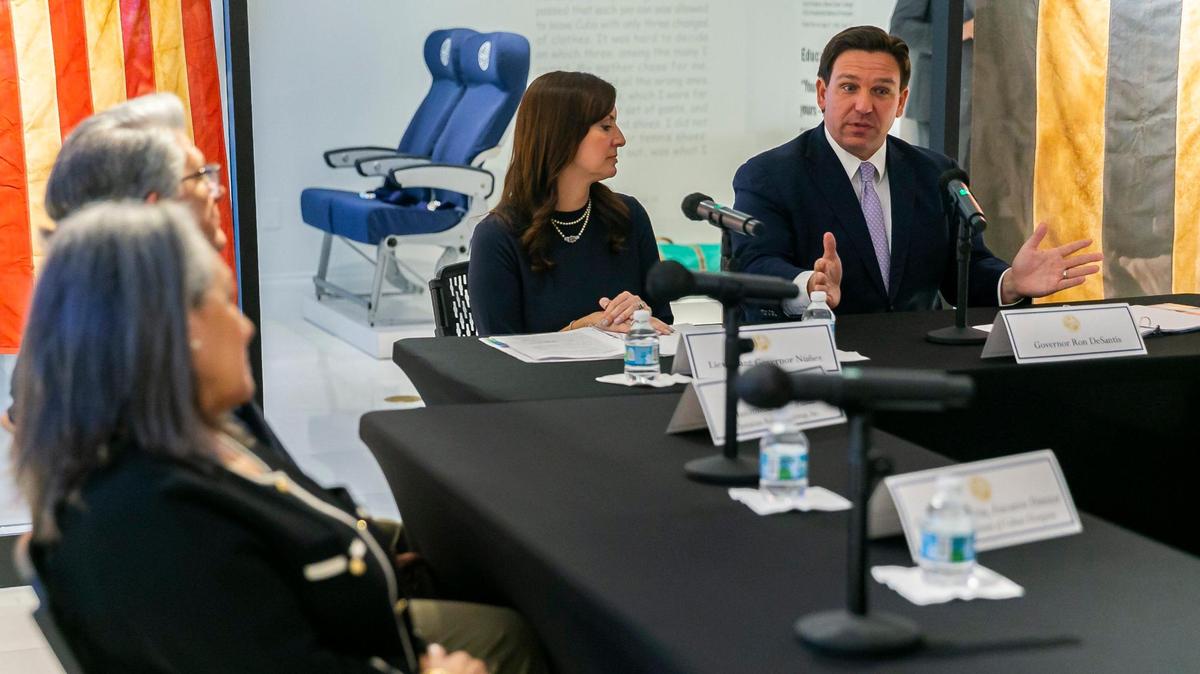 Gov. Ron DeSantis and Lt. Gov. Jeanette Nuñez attend a roundtable discussion at the American Museum of the Cuban Diaspora in Miami’s Coral Way neighborhood on Monday, Feb. 7, 2022.