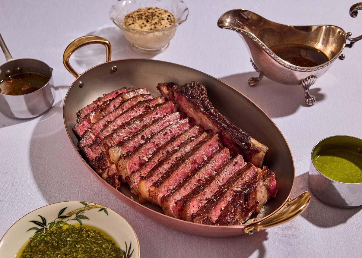 Sunny’s Steakhouse’s menu includes the Dry Aged Ribeye but also includes pastas and a raw bar.
