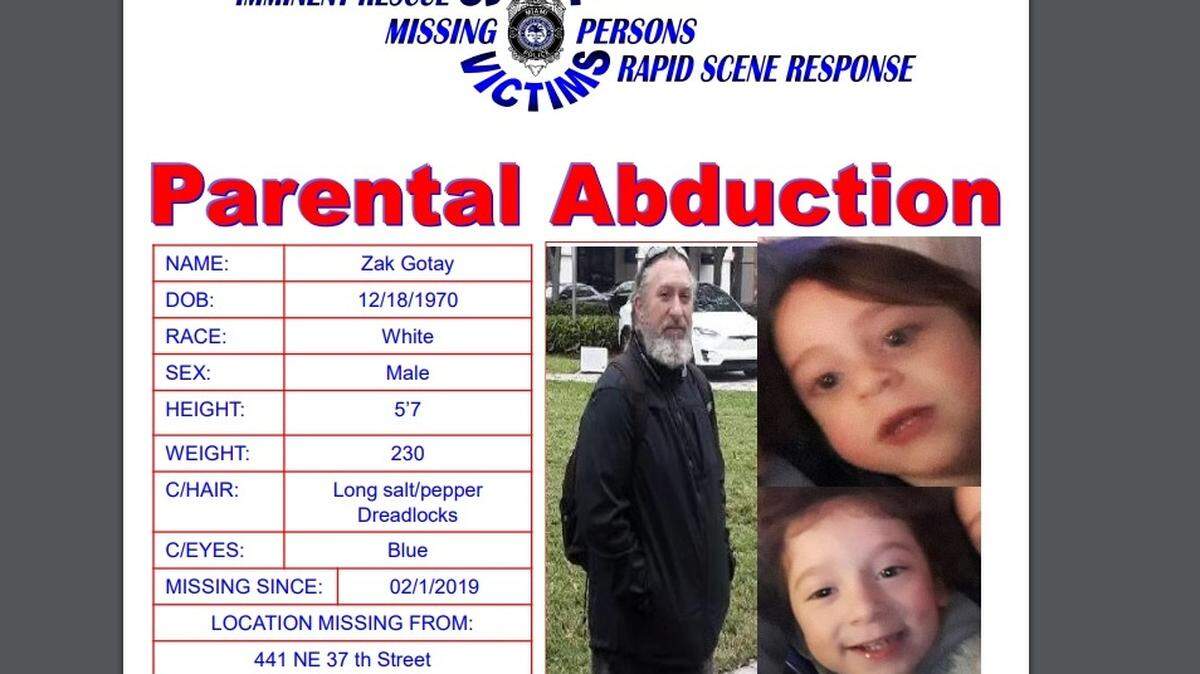 The City of Miami Police Special Victims Unit is attempting to locate the above subject in relation to a parental abduction. Zac Gotay, 48, was last seen wearing a black jacket, black shirt and black plaid pants with a black book bag. Gotay has long salt-and-pepper dreadlocks and police say he abducted his two sons, Collins, 2, and Zakaria, 4, on Feb. 1, 2019 from 441 NE 37 St., Apt. 3, in Miami.