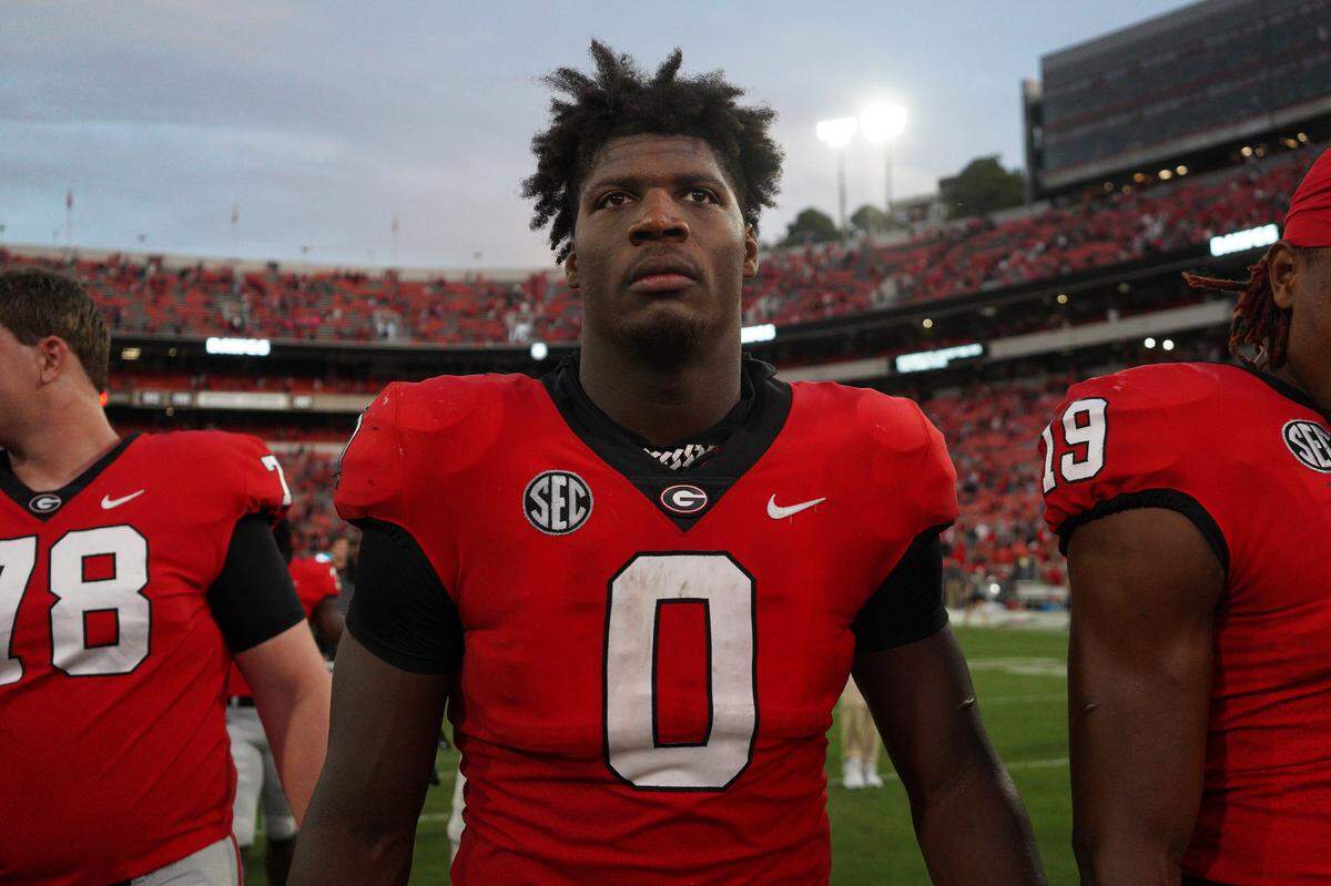 Georgia tight end Darnell Washington (0) after an NCAA college football game against Vanderbilt Saturday, Oct. 15, 2022, in Athens, Ga. (AP Photo/Brett Davis)