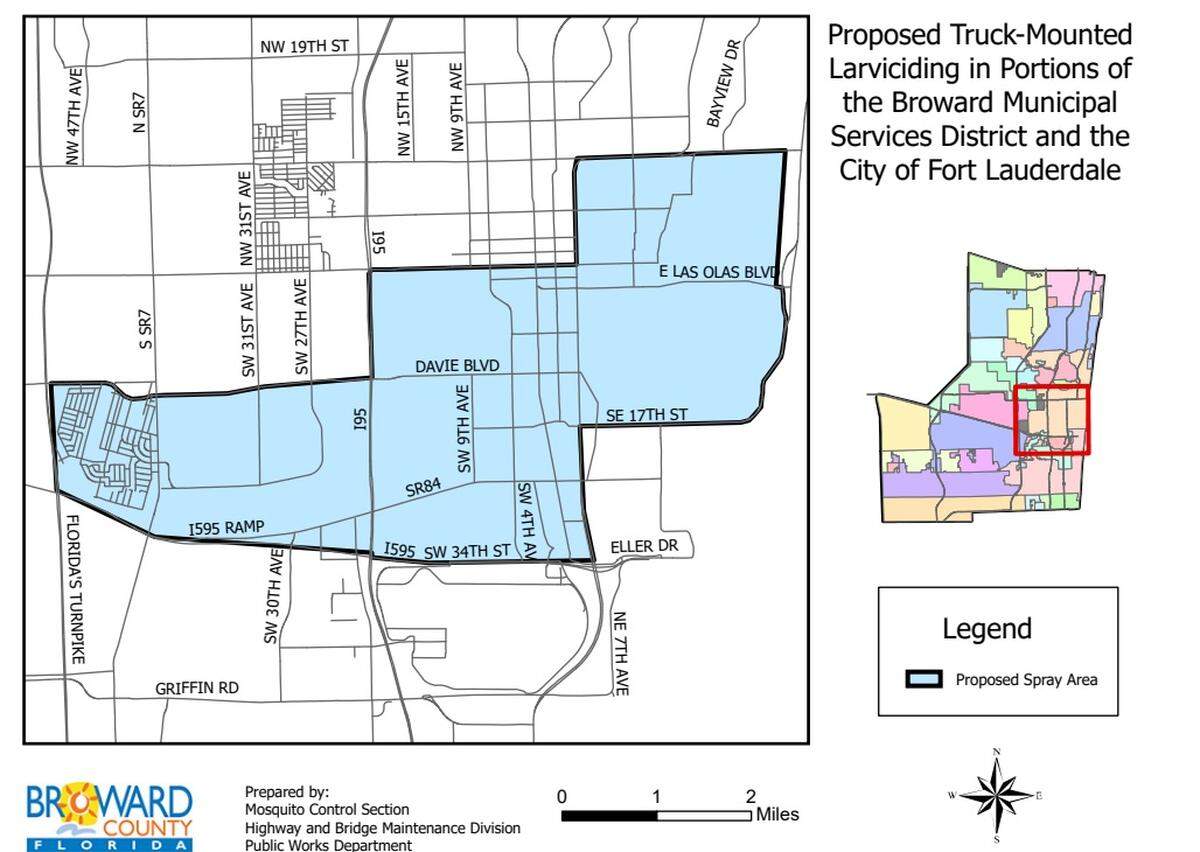 Broward Municipal Services District and the City of Fort Lauderdale map. This is a region targeted for mosquito spraying in August and September 2021.