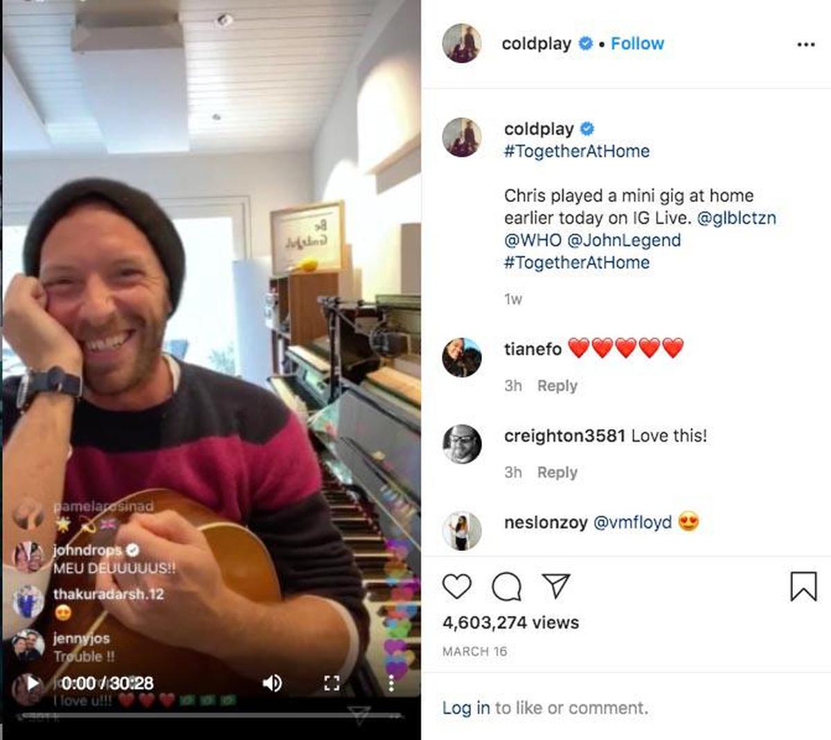 Coldplay’s Chris Martin, at his piano at home, has been playing songs on Instagram Live for fans.