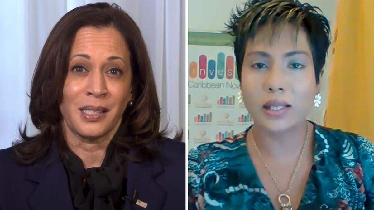 Vice President-elect Kamala Harris, left, and Felicia Persaud, a long-time Caribbean activist during a virtual celebration of Harris’ historic rise ahead of Jan. 20, 2021 inauguration of U.S. President-elect Joe Biden.