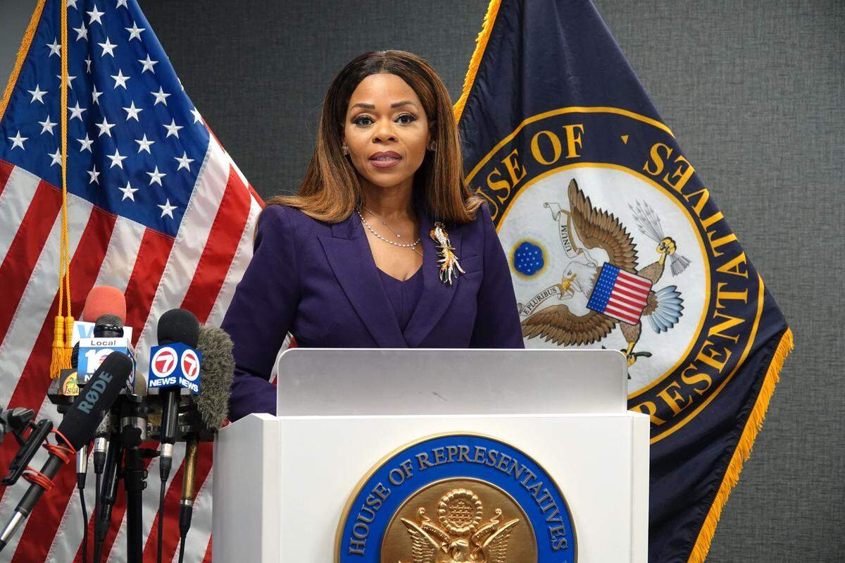 Congresswoman Sheila Cherfilus-McCormick (FL-20) hosts a press conference regarding the ongoing crisis in Haiti on Monday, March 11, 2024 in Fort Lauderdale. (Joe Cavaretta/South Florida Sun Sentinel)